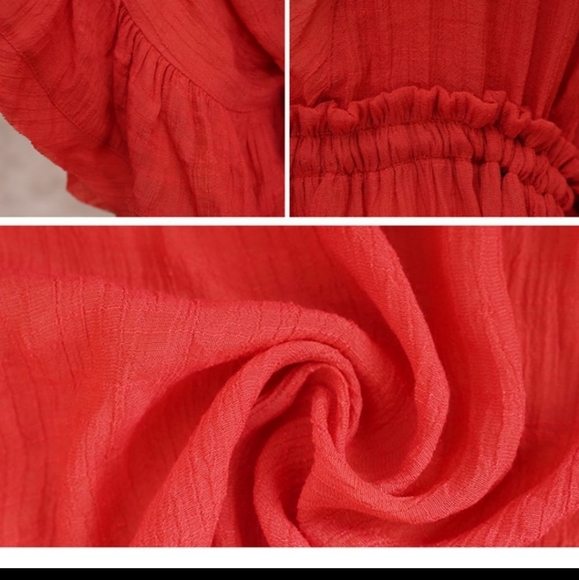 New Flowy Gauze Cover Up Mini Dress Deep Plunge Flutter Sleeve Summer Red - Picture 6 of 8